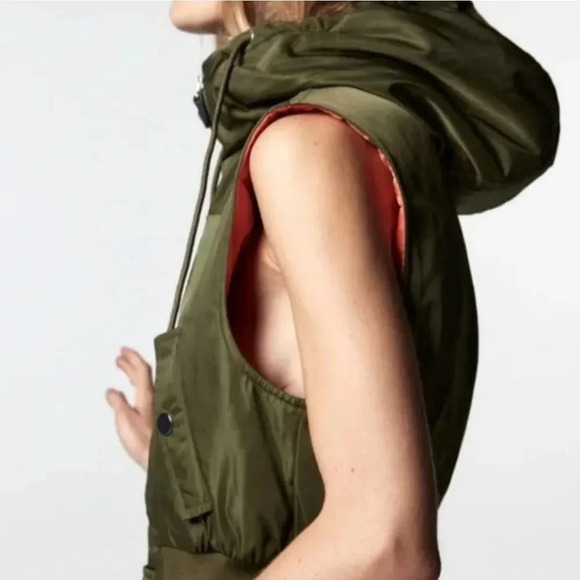 ZARA, New, Cropped Nylon Hooded Zip Front Army Green Khaki Puff Vest, Size XL - Picture 5 of 16
